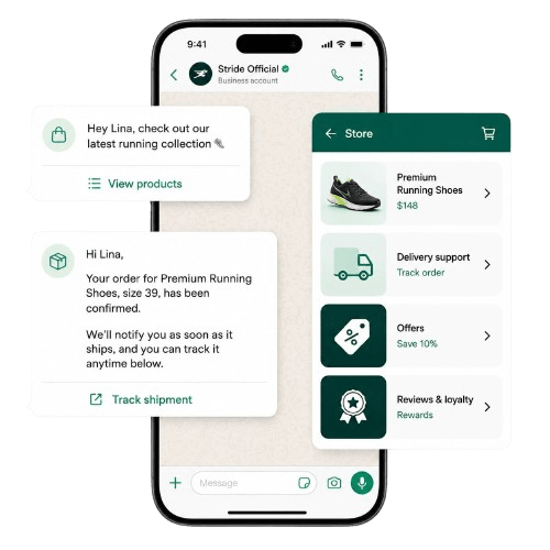 WhatsApp commerce interface showing product browsing, delivery support, offers, and reviews