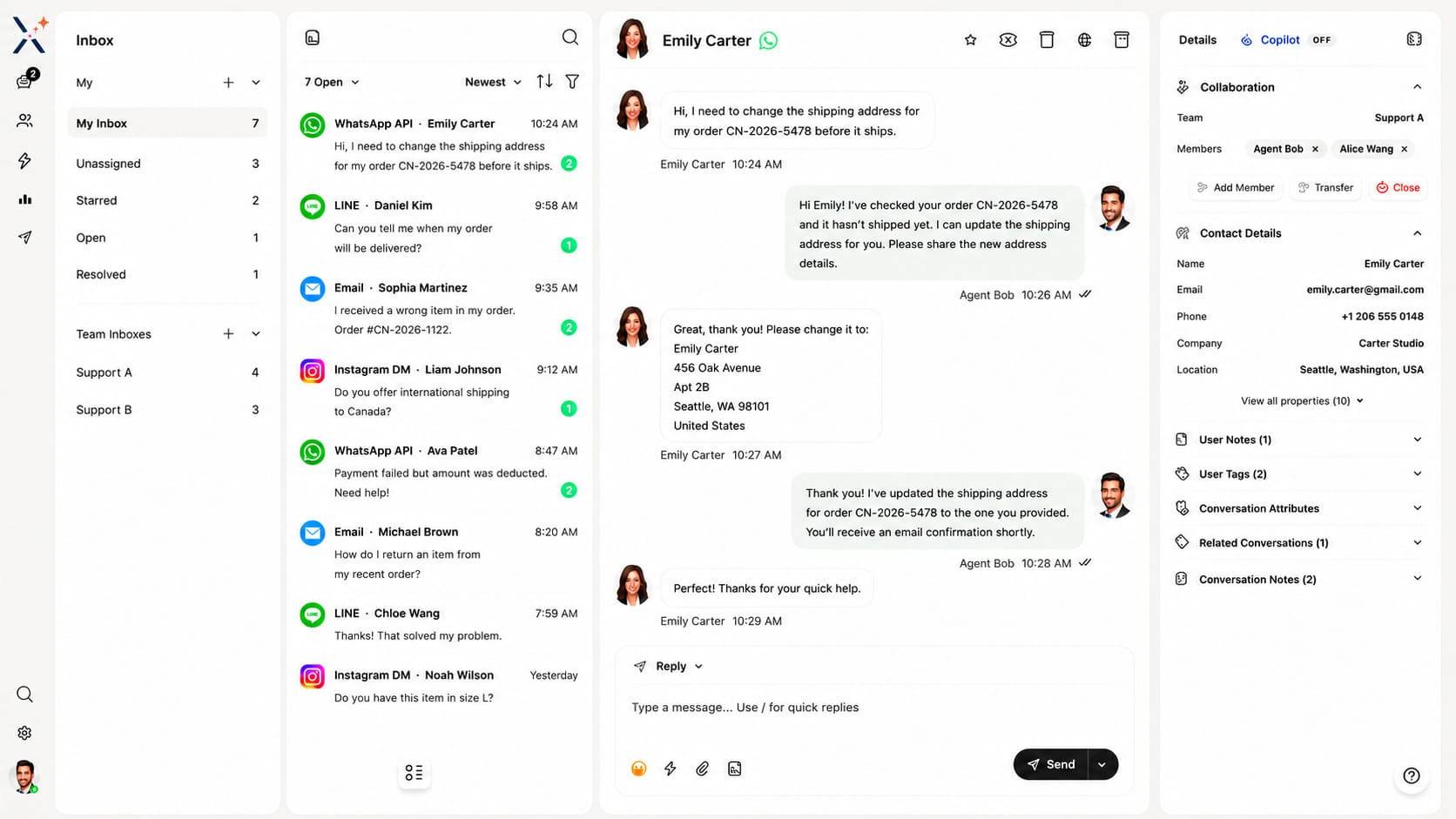 GeneX dashboard preview showing chat workspace, contacts, messages, and support team conversation